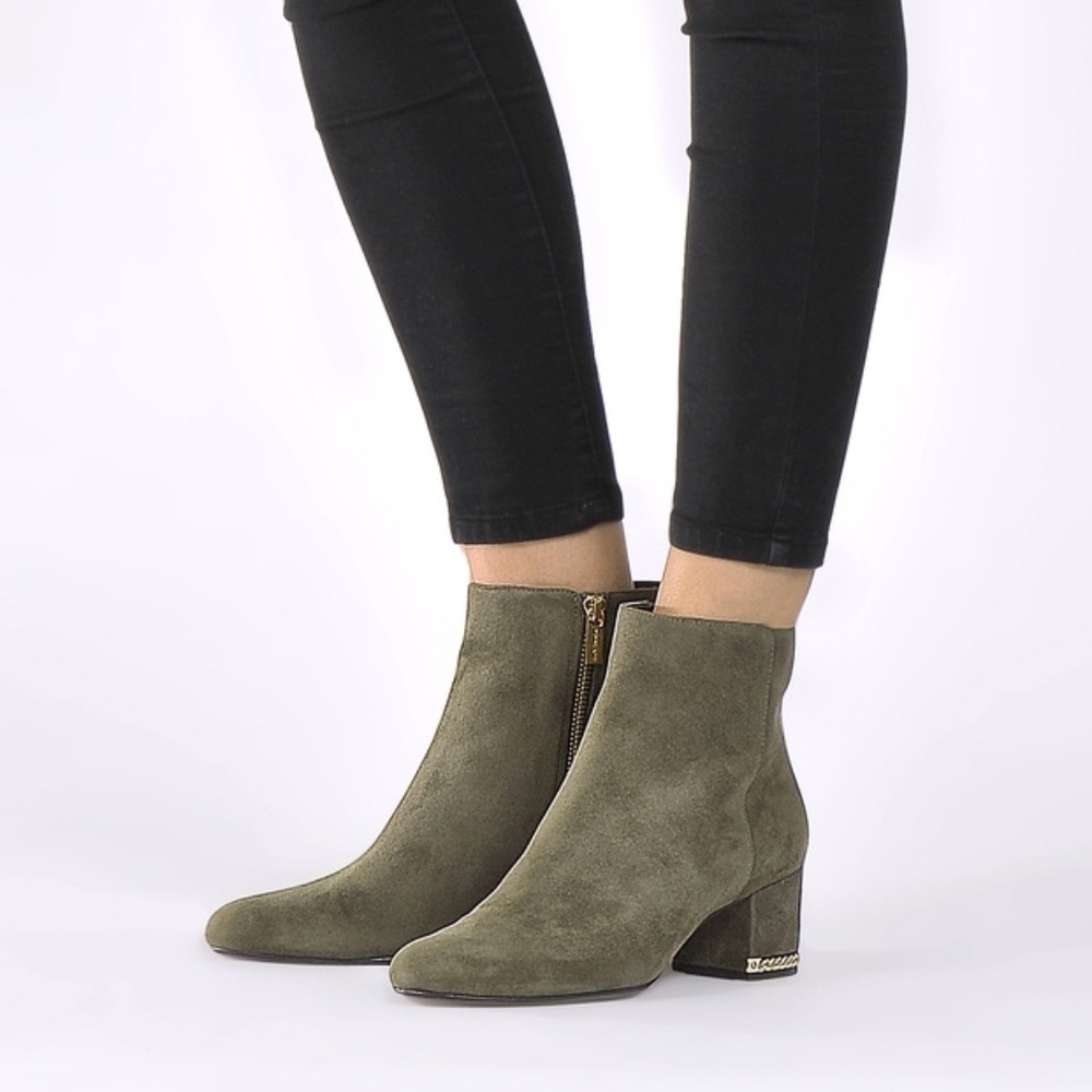 Michale Kors Olive Suede Chain Block Heel Booties